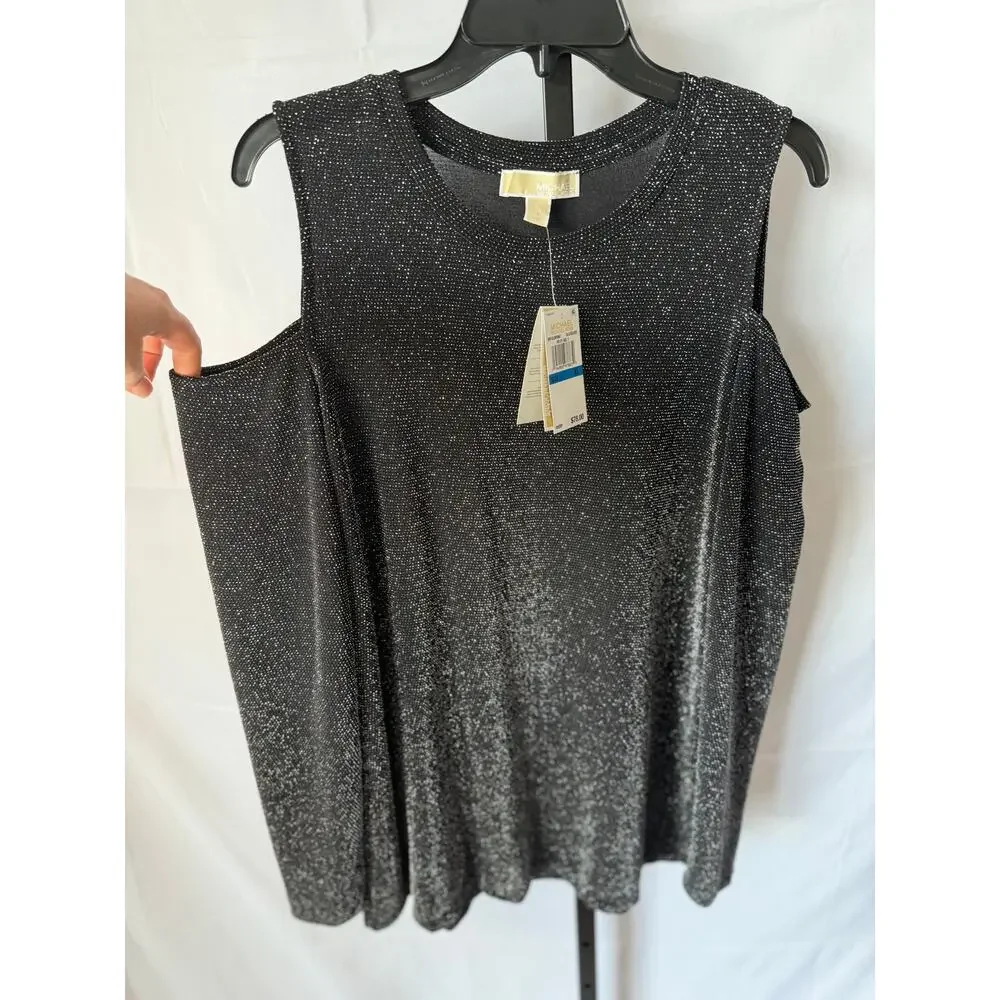 Michael Kors Black & Silver Metallic Brilliance Cold Shoulder Top Sz L NWT